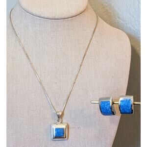 Mexico 925 Sterling Silver Blue Stone Inlay Necklace & Matching Earring Set